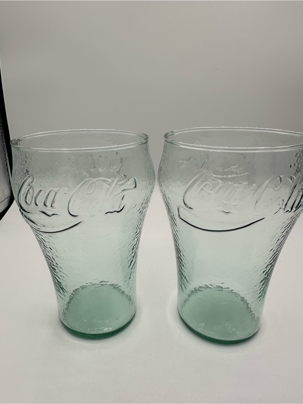 Coca Cola Green Tint Embossed Glass Tumblers - Pair